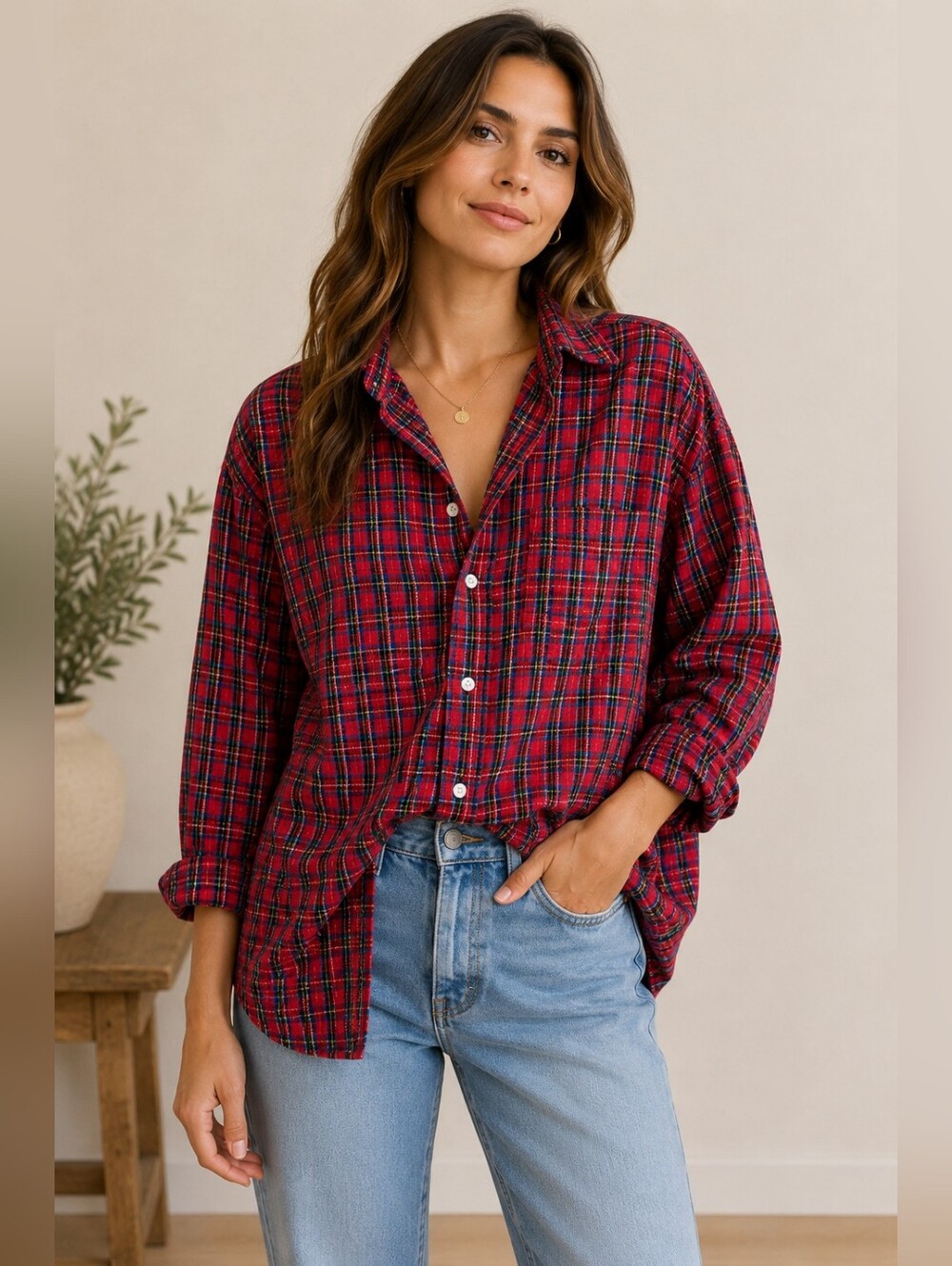 Frank & Eileen Eileen Red Plaid Italian Cotton Button Front Shirt XL